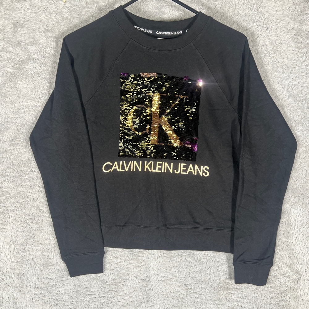 Calvin Klein Jeans Sweatshirt Womens XS Black Sequined Logo Raglan Pullover